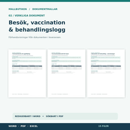 Hundens veterinärbesökslogg, vaccinationshistorik och behandlingsanteckningar i Word och PDF