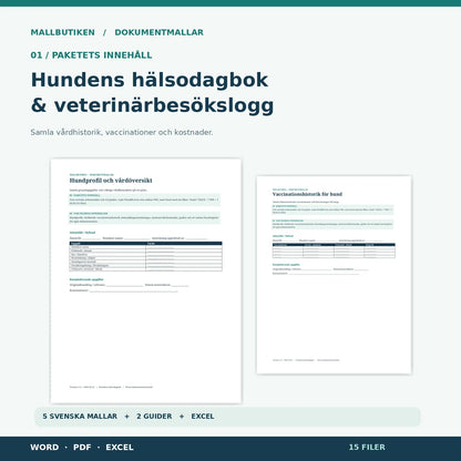 Hundens hälsodagbok – huvudbild med verklig Word- och PDF-förhandsvisning