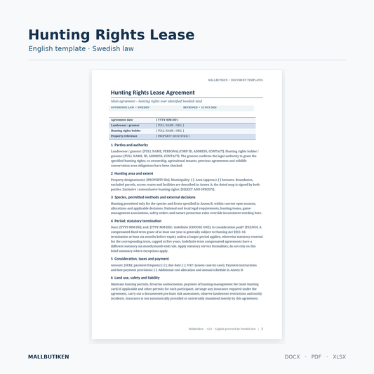 English Hunting Rights Lease Agreement under Swedish law – Word PDF Excel, actual document preview