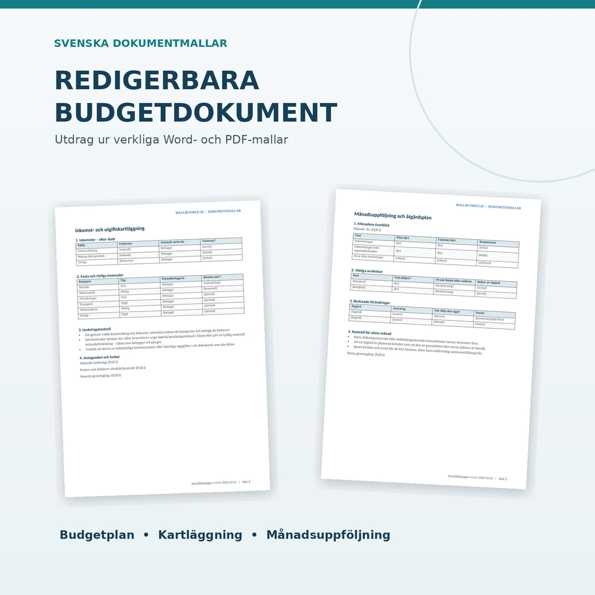 Budgetmall för privat hushåll – dokumentförhandsvisning av kartläggning och månadsuppföljning
