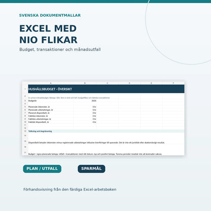 Excel hushållsbudget med nio flikar – faktisk förhandsvisning av årsöversikt