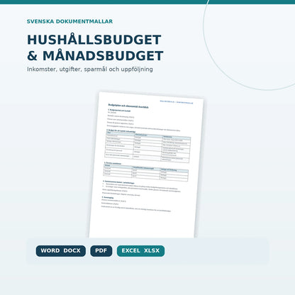 Hushållsbudget – huvudbild med autentisk förhandsvisning av Wordmall, PDF och Excel