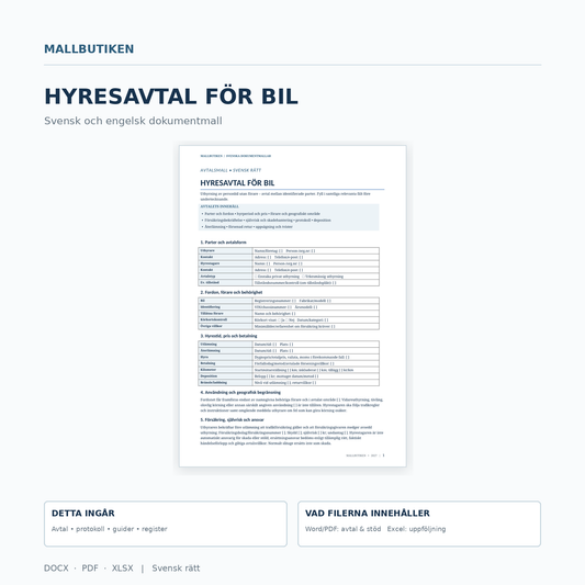 Hyresavtal för bil i Word PDF Excel – svensk och engelsk dokumentmall med innehållsöversikt