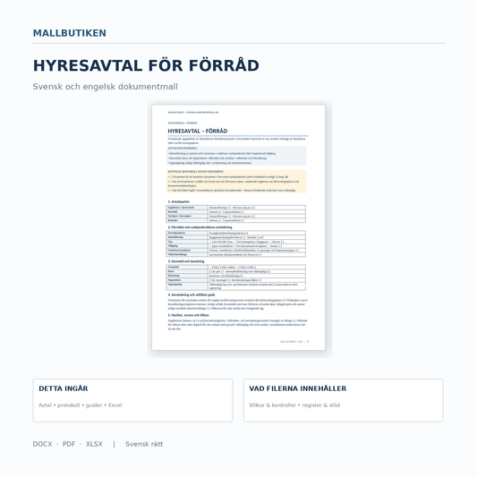 Hyresavtal för förråd Word PDF Excel – svensk och engelsk mall med två tydliga innehållsrutor