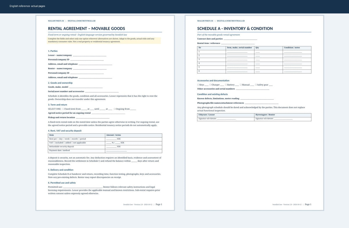 English rental agreement for movable goods governed by Swedish law, actual document preview