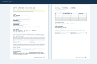 English rental agreement for movable goods governed by Swedish law, actual document preview