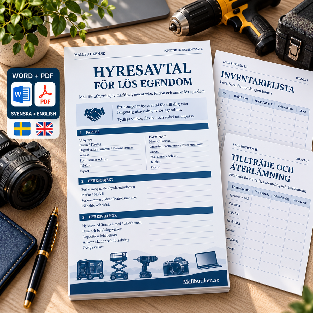 Hyresavtal för lös egendom – Word/PDF med inventarielista och engelska dokument