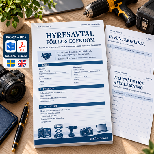 Hyresavtal för lös egendom – Word/PDF med inventarielista och engelska dokument