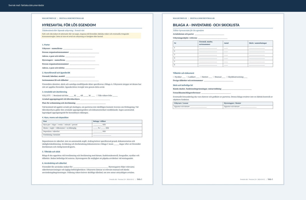 Svensk dokumentförhandsvisning av hyresavtal för lös egendom och inventariebilaga