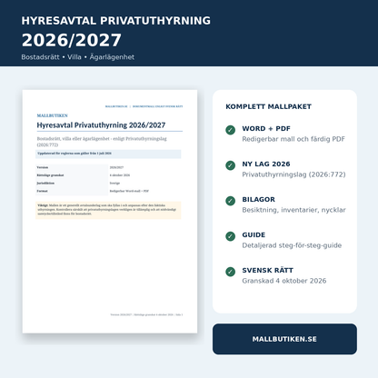 Hyresavtal privatuthyrning 2026/2027 Word PDF enligt svensk rätt