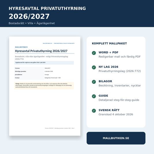 Hyresavtal privatuthyrning 2026/2027 Word PDF enligt svensk rätt