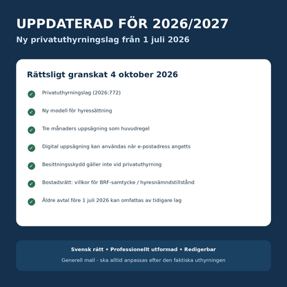 Privatuthyrningslag 2026:772 juridiskt granskad mall 2026/2027
