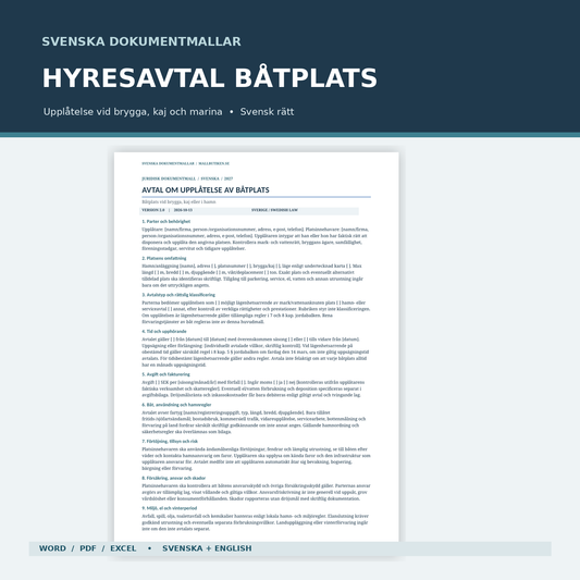 Hyresavtal båtplats – svenskt Word/PDF-avtal samt Excelregister och guider, verklig dokumentförhandsvisning
