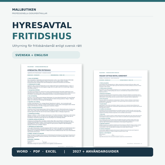 Hyresavtal fritidshus – svenska och engelska Word/PDF-mallar med Excelregister och guider enligt svensk rätt