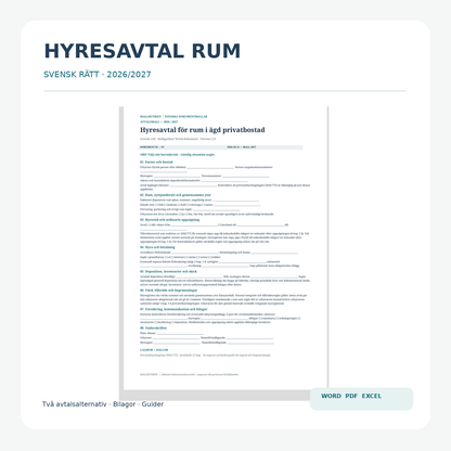 Hyresavtal rum Word PDF Excel – svensk avtalsmall enligt privatuthyrningslagen 2026