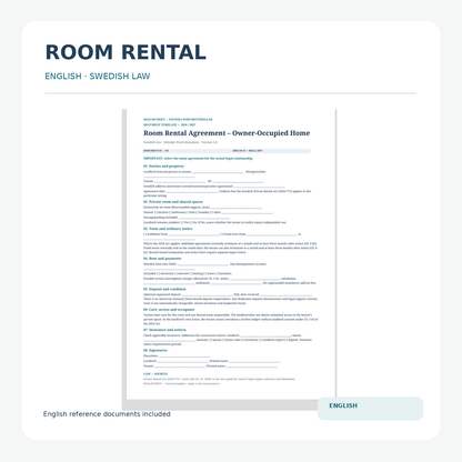 English Room Rental Agreement under Swedish law – actual Word and PDF preview