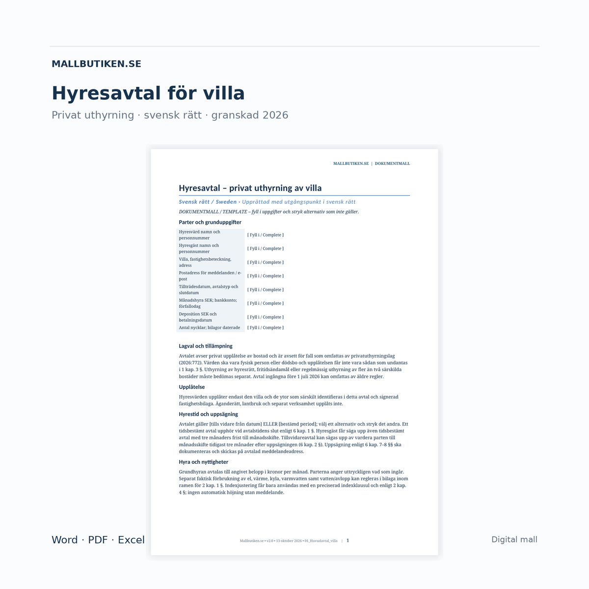 Hyresavtal villa enligt privatuthyrningslag 2026 – verklig svensk Word och PDF-mall med Excelregister