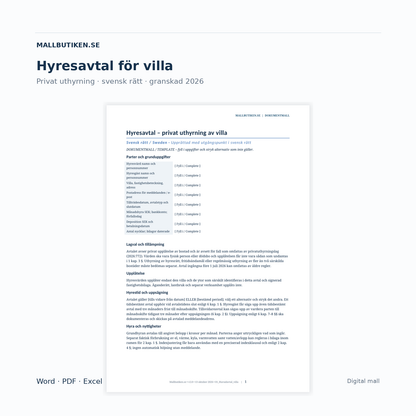 Hyresavtal villa enligt privatuthyrningslag 2026 – verklig svensk Word och PDF-mall med Excelregister