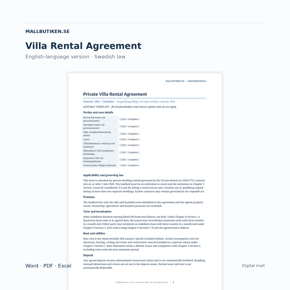 Private Villa Rental Agreement under Swedish law – English Word PDF document preview