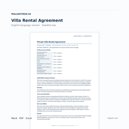 Private Villa Rental Agreement under Swedish law – English Word PDF document preview