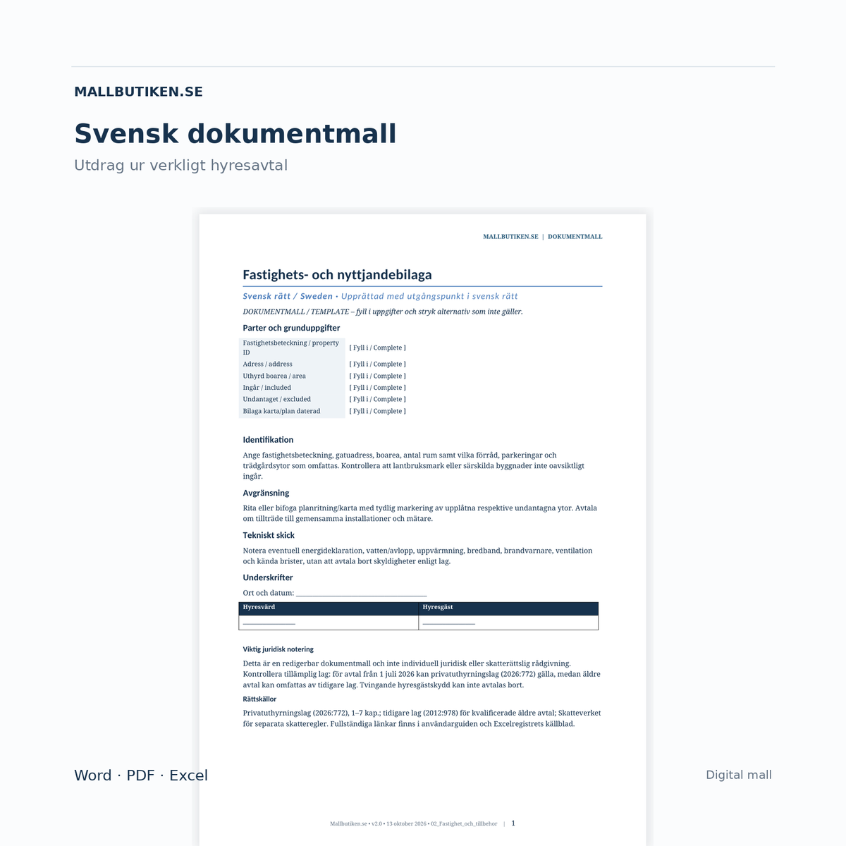 Hyresavtal villa svensk fastighetsbilaga – dokumentförhandsvisning med avtalade ytor och fastighetsuppgifter