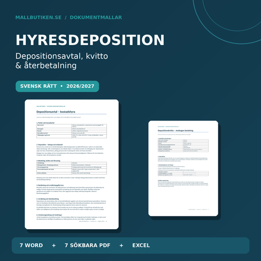 Hyresdeposition och depositionsavtal 2027 – mall med kvitto och återbetalning i Word PDF Excel