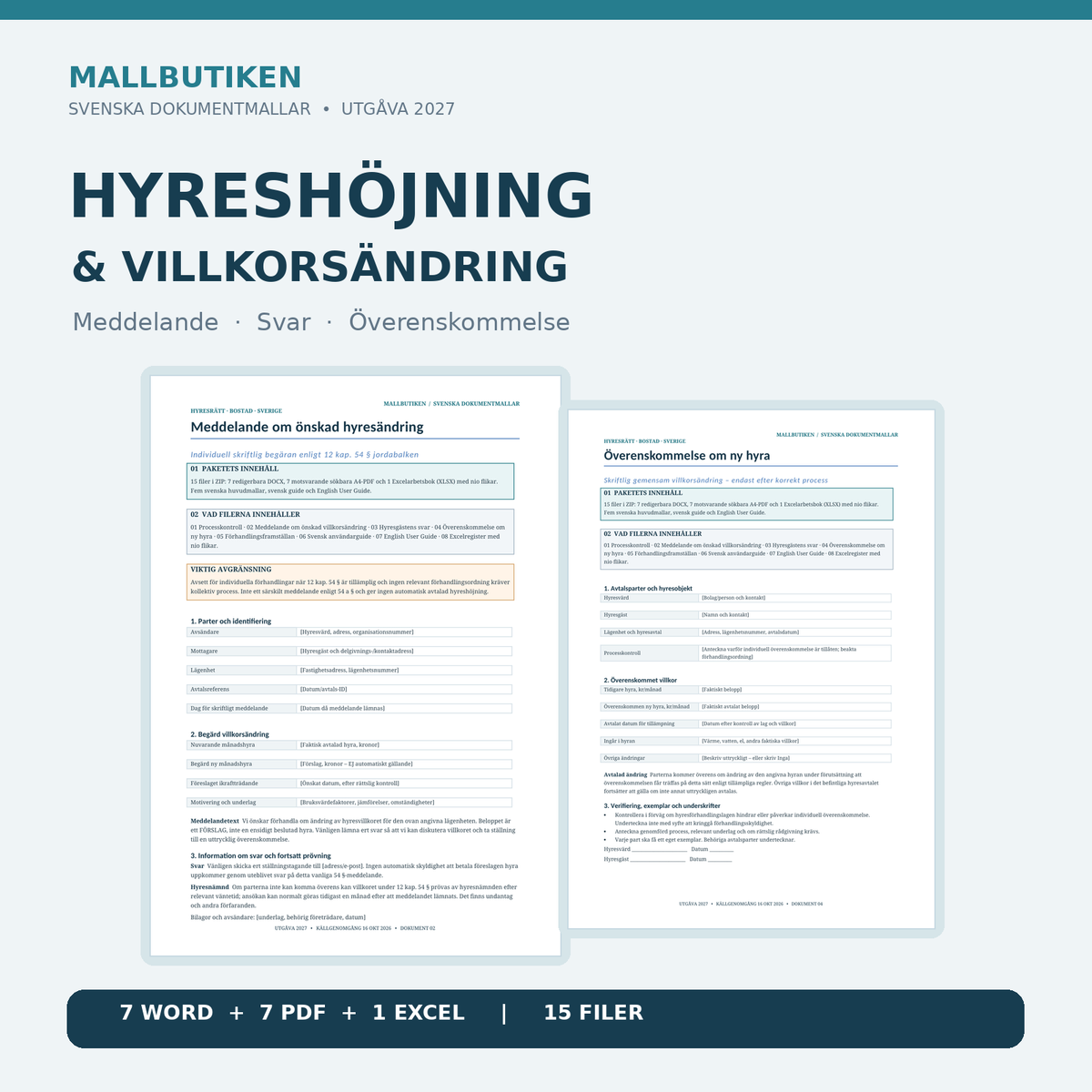 Hyreshöjning och villkorsändring 2027 – verkliga Word PDF mallar och Excelregister