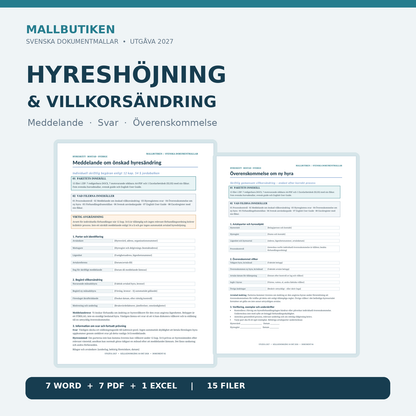Hyreshöjning och villkorsändring 2027 – verkliga Word PDF mallar och Excelregister