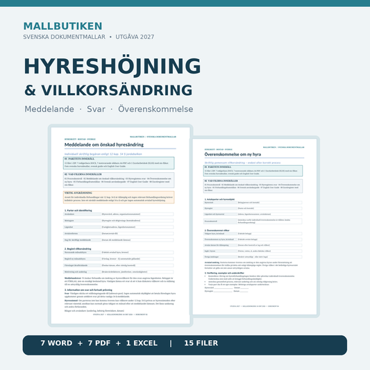 Hyreshöjning och villkorsändring 2027 – verkliga Word PDF mallar och Excelregister