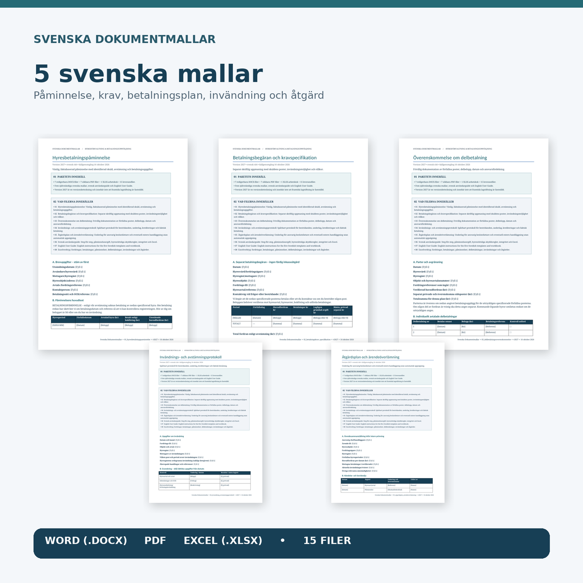 Paket med hyrespåminnelse, betalningskrav, delbetalningsplan, invändning och åtgärdsplan, Word och PDF