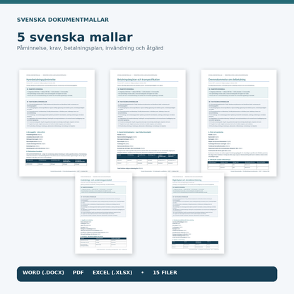 Paket med hyrespåminnelse, betalningskrav, delbetalningsplan, invändning och åtgärdsplan, Word och PDF