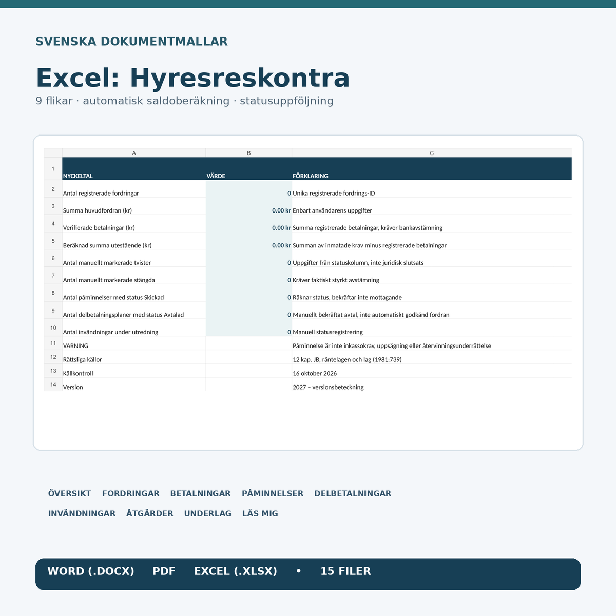 Excel hyresreskontra för obetald hyra, påminnelser, betalningssaldo och dokumentuppföljning