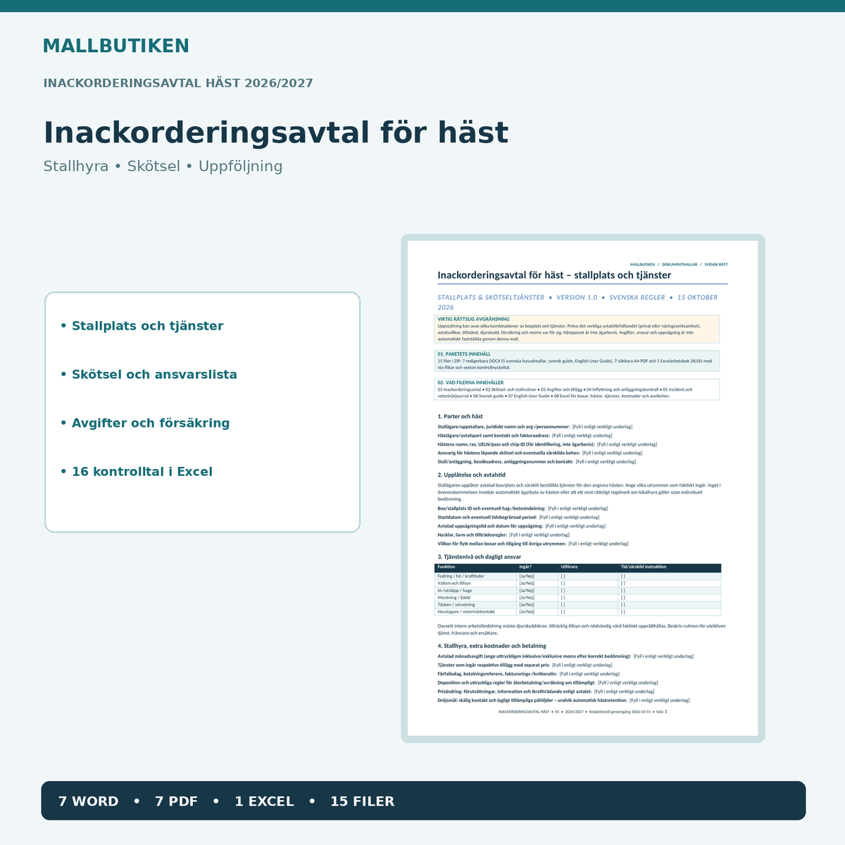 Inackorderingsavtal häst Word PDF Excel huvudavtal 2026/2027