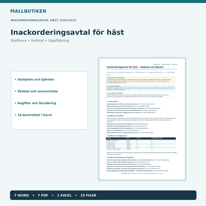 Inackorderingsavtal häst Word PDF Excel huvudavtal 2026/2027