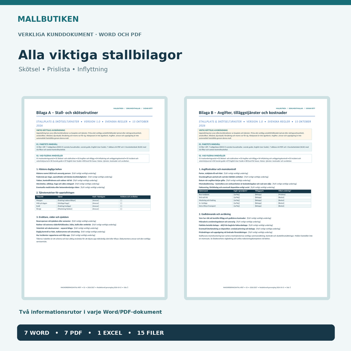 Skötsel och prisbilagor för uppstallning av häst i Word och PDF