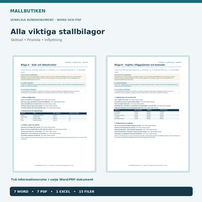 Skötsel och prisbilagor för uppstallning av häst i Word och PDF