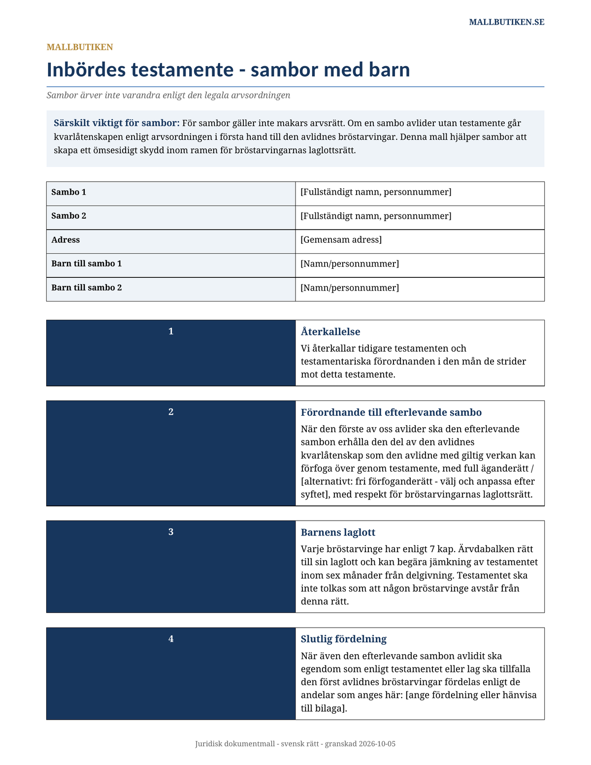 Inbördes testamente sambor med barn 2026/2027 Word PDF