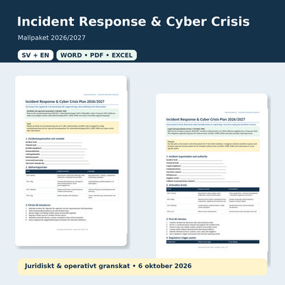Incident Response och Cyberkris 2026/2027 mallpaket svenska engelska Word PDF Excel