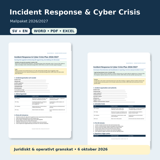 Incident Response och Cyberkris 2026/2027 mallpaket svenska engelska Word PDF Excel