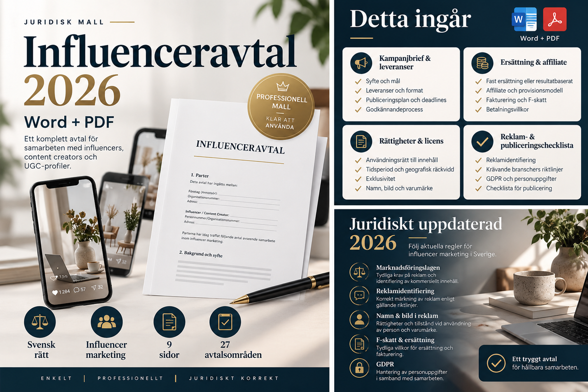 Influenceravtal 2026 mall i Word och PDF för influencer marketing enligt svensk rätt