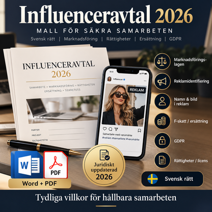 Influenceravtal 2026 med reklamidentifiering marknadsföringslagen F-skatt GDPR och licensrättigheter