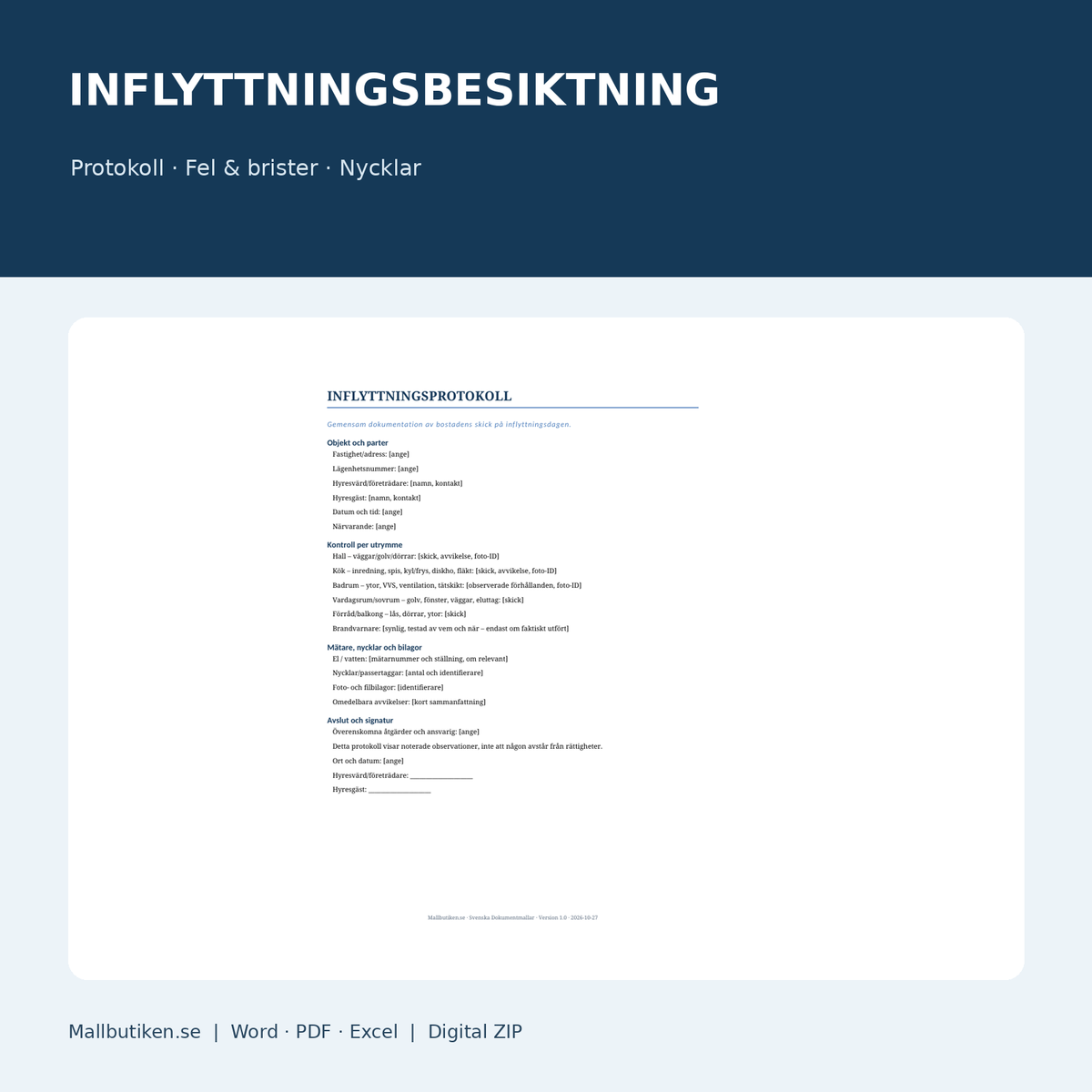 Inflyttningsbesiktning och inflyttningsprotokoll Word/PDF/Excel