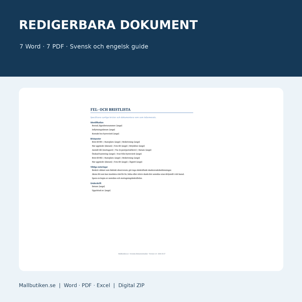 Fel och bristlista vid inflyttning Word och PDF