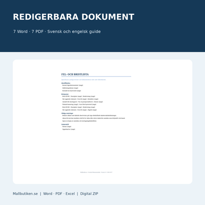 Fel och bristlista vid inflyttning Word och PDF
