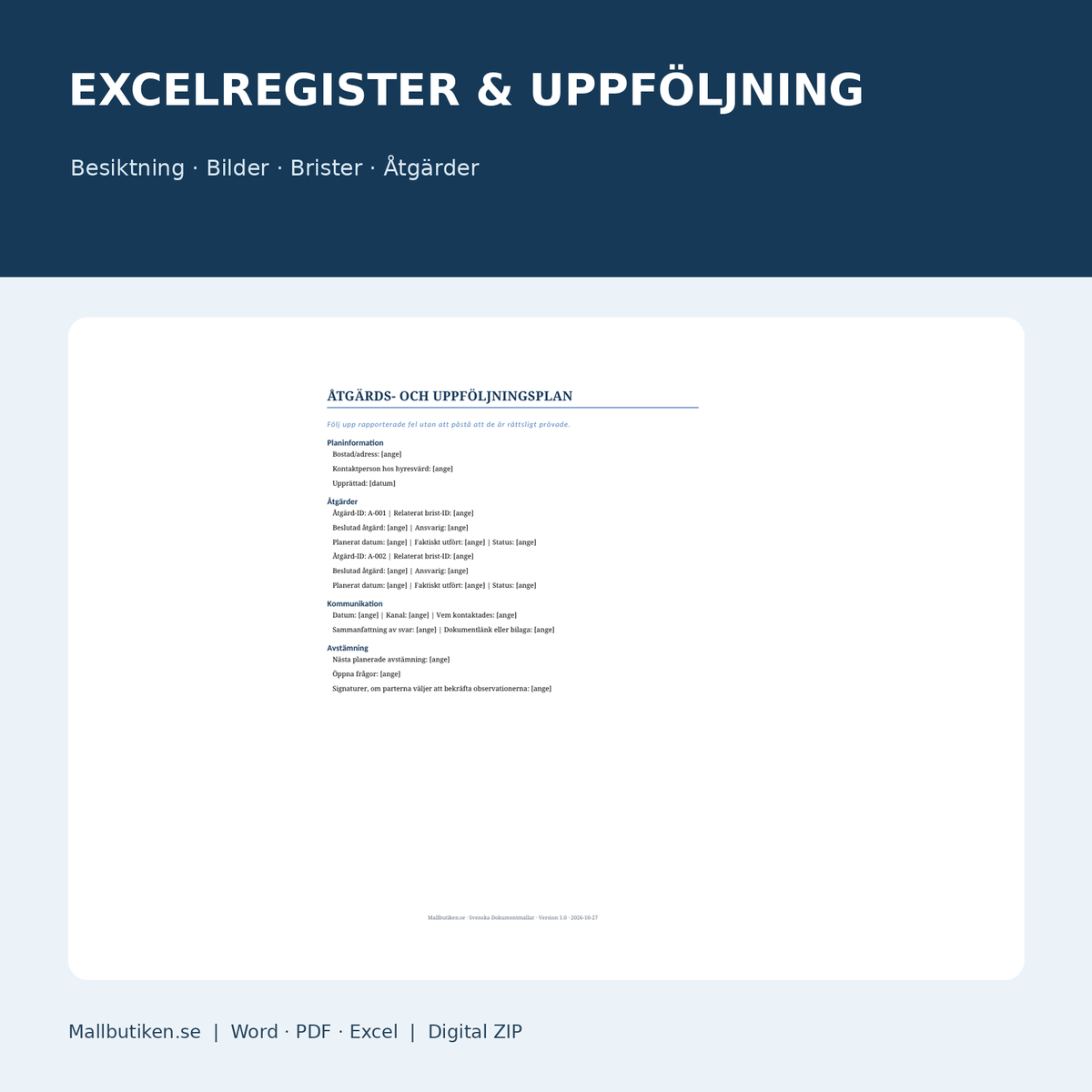 Excelregister inflyttningsbesiktning och uppföljning