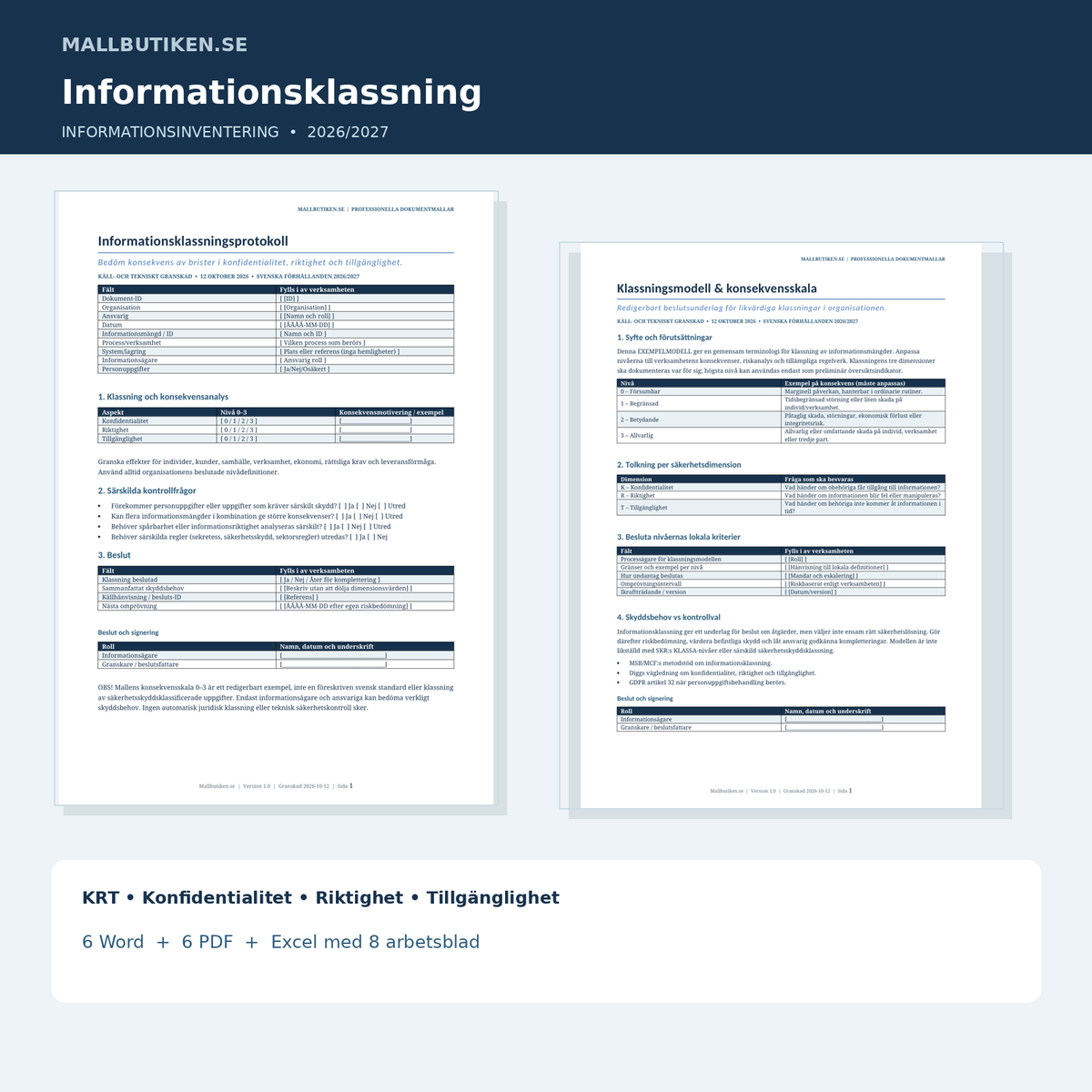 Informationsklassning och informationsinventering 2026 2027 i Excel Word PDF