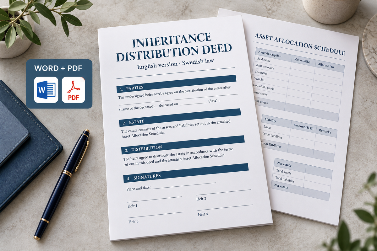 Inheritance Distribution Deed på engelska enligt svensk rätt – Word/PDF + fördelningsbilaga