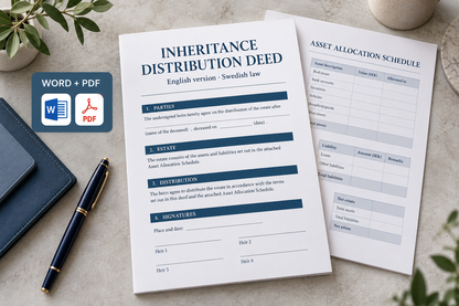 Inheritance Distribution Deed på engelska enligt svensk rätt – Word/PDF + fördelningsbilaga
