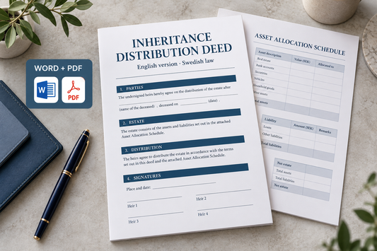Inheritance Distribution Deed på engelska enligt svensk rätt – Word/PDF + fördelningsbilaga