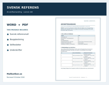 Förhandsvisning av svensk referenshandling för arvskifte